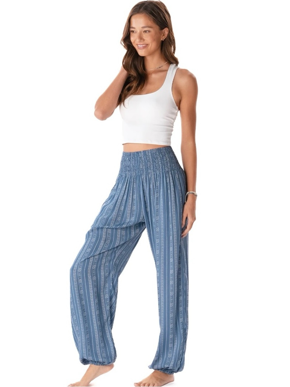 Lotus and Luna Boho Flowy Pants Size L Tall Blue Print